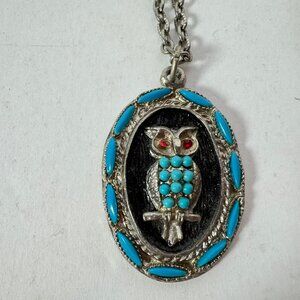 Vintage Owl Oval Pendant Turquoise Beads Silver Tone Metal '70s